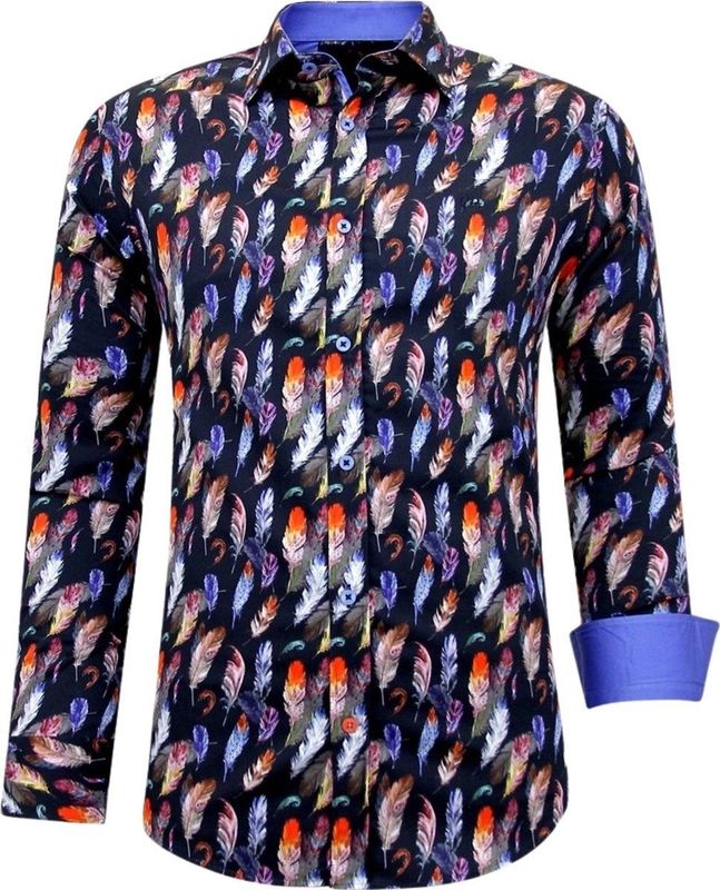 Tony Backer - Luxe Satijn Heren Blouse - Vogel Veer Print - Lange Mouwen