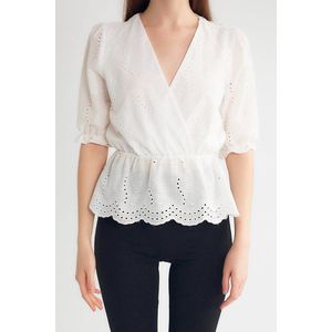 Robin-Collection - Broderie Overhemd - Wit - Korte Mouwen - V-hals