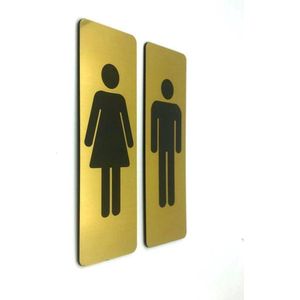 Deurbordje Toilet - WC bordjes – Tekstbord WC – Toilet bordje – WC - Bordje – Heren Dames Toilet – Man Vrouw - Geborsteld Goud Look – Pictogram – Set van 2 - Zelfklevend - 5 cm x 15 cm x 1,6 mm - 5 Jaar Garantie