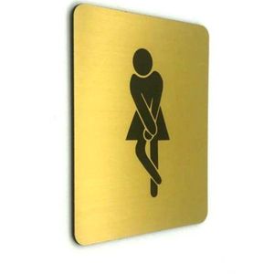 Deurbordje Toilet - WC bordjes – Tekstbord WC – Toilet bordje – WC - Bordje – WC Dames Hoge Nood – Vrouw - Geborsteld Goud Look – Pictogram - Zelfklevend – 10 cm x 12 cm x 1,6 mm - 5 Jaar Garantie