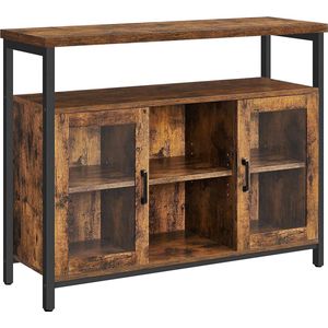 Dressoir, keukenkast, opbergkast met 2 transparante glazen deuren, verstelbare planken, voor keuken, eetkamer, 100 x 35 x 80 cm, industriële stijl, vintage bruin-zwart LSC095B01