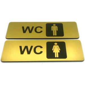 Deurbordje Toilet - WC bordjes – Tekstbord WC – Toilet bordje – WC - Bordje – Heren Dames Toilet – Man Vrouw - Geborsteld Goud Look – Pictogram – Set van 2 - Zelfklevend - 5 cm x 15 cm x 1,6 mm - 5 Jaar Garantie