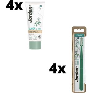 Jordan Green Clean Junior Voordeelpakket - 4x Tandpasta + 4x Tandenborstel Kids Extra Soft