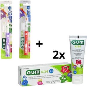 GUM Kids 2+ jaar Voordeelpakket - 2x Tandpasta 50 ml + 2x Tandenborstel (roze/paars)