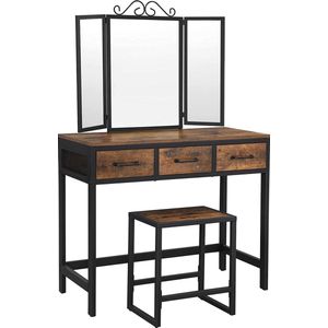 SONGMICS Dressing Table, Make up tafel, kaptafel met 3-delige klapspiegel en 3 lades, stalen frame, met kruk, industrieel ontwerp, vintage bruin-zwart RVT02BX