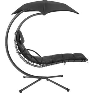 Hangstoel met standaard en parasol, ligstoel met 5 cm matras, schommelstoel, draagkracht - GHC10BK150 kg, voor terras, balkon, tuin, zwart