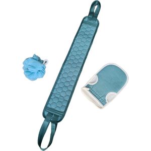 Combiset Scrub wassen Blauw - Scrub handschoen, Rug Spons Scrubber, Scrub spons- Spa schrobben 3- delig- Cadeau voor vrouwen en mannen