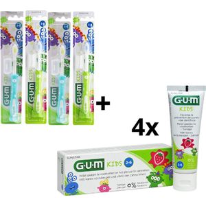 GUM Kids 3-6 jaar Voordeelpakket - 4x Tandpasta 50 ml + 4x Tandenborstel (groen/blauw)