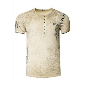 RustyNeal - Tshirt Heren - Knoopsluiting - Camel - Ronde Hals