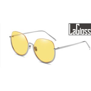 Lagloss® Ronde Oversized Dames Zonnebril Trend 2022 - Lenskleur Geel - Zilver montuur