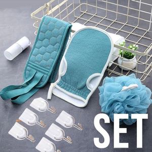 Allernieuwste SET Blauw 4-delig Luxe Scrub Bad Douche Pakket Massage Spa Rug Washandje Bol Huidverzorging Badkamer - Geschenkset 4 delig BLAUW