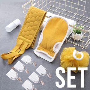 Allernieuwste SET Oker Geel 4-delig Luxe Scrub Bad Douche Pakket Massage Spa Rug Washandje Bol Huidverzorging Badkamer - Geschenkset 4 delig GEEL