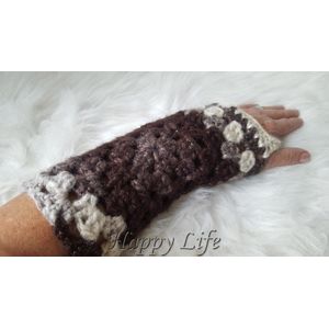 Handgemaakte warme vingerloze handschoenen/polswarmers in bruin ecru met glinsterdraad gehaakt Maat L