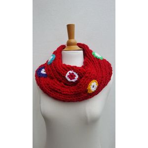 Kinder / klein volwassene sjaal / colsjaal in rood met gekleurde bloemen, tunnelsjaal warme gebreide sjaal