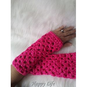 Handgemaakte vingerloze handschoenen - polswarmers gehaakt in roze met glinsterdraad - Maat M