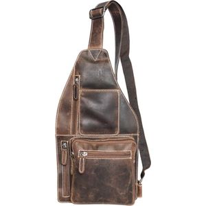 Crossbody Tas Van Cognac/Naturel Buffelleer Met Een Verstelbare Schouderriem En 5 Ritsvakken