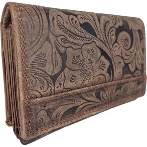 Portemonnee - Cognac - Leer - Bloemen Print - RFID - Anti Skim - Met klepje voor muntgeld - Portemonnee Dames - Bruin - Bakje