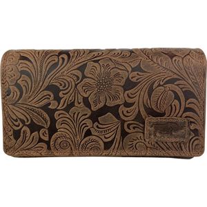 Portemonnee voor dames, leer, RFID-drukknop en ritssluiting, leren portemonnee met bloemenpatroon en anti-skim-bescherming, portemonnee, 16 x 9 x 3,5 cm, cognac, Large