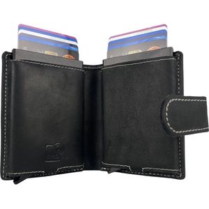 Pasjeshouder Uitschuifbaar – Zwart – Leer - Dubbele Creditcard Houder - RFID – Anti Skim - Muntgeld Ritsvak - Pasjeshouder