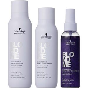 Schwarzkopf BlondMe Bond Repair Purple Shampoo 300ml + Conditioner 250ml + Spray Conditioner 150ml