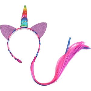 Eenhoorn haarband regenboog unicorn diadeem met haar en oortjes - hoorn glitter vlecht extensions - haar roze paars blauw festival