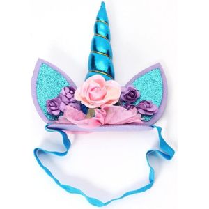 Haarband eenhoorn blauw unicorn elastiek met oortjes, bloemetjes en tule - blauwe hoorn diadeem - bloemen roze paars festival