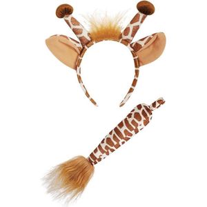 KIMU Giraf Haarband Oren & Staart Diadeem Set - Bruin Dierenprint Oortjes Giraffe Dierenpak Girafprint Pak - Kinderfeestje Festival