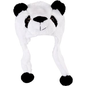 KIMU Muts Flappen Panda - Laplander met Oortjes Zwart Wit Reuzenpanda - Bontmuts Kinderen of Volwassenen met Klein Hoofd - Pandabeer Flapmuts Pluche Festival