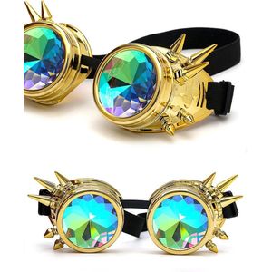 KIMU Goggles Steampunk Bril Met Spikes - Goud Montuur - Caleidoscoop Glazen - Gouden Spacebril Space Caleidoscope Holografisch Festival