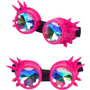 KIMU Goggles Steampunk Bril Met Spikes - Roze Montuur - Caleidoscoop Glazen - Spacebril Space Caleidoscope Rave Neon Blacklight Festival