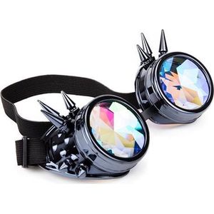 KIMU Goggles Steampunk Bril Met Spikes - Gunmetal Antraciet Montuur - Caleidoscoop Glazen - Spacebril Space Caleidoscope Holografisch Chroom Donkerzilver Festival