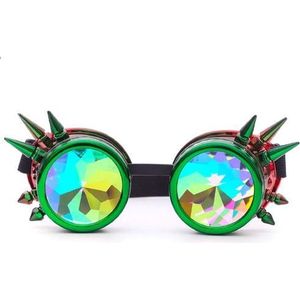 KIMU Goggles Steampunk Bril Met Spikes - Groen Rood Montuur - Caleidoscoop Glazen - Olie Spacebril Space Caleidoscope - Natural High - Cannabis Festival