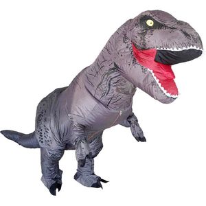 KIMU® Opblaas Kostuum Kinderen T-Rex Grijs - Maat 110 116 122 128 134 140 - Opblaas Pak - Dinopak Mascotte Opblaaspak - Opblaasbare Dino Dinosaurus Jongen Meisje Festival