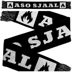 Aso Sjaal – Zwart witte sjaal, gemaakt van 100% poly-acryl wol, met een lengte van 150cm - Beide kanten gebreide print met de tekst ASO SJAAL