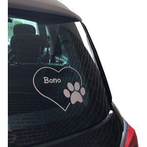 Hart met hondenpootje - met naam - gepersonaliseerd - wit - autosticker - 14 x 16 cm