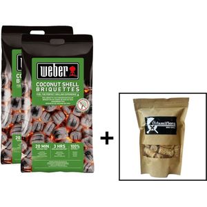 Weber briketten Coconut 16KG (2 x 8KG) + gratis Famiflora houtwol aanmaakhout (+/- 24 stuks, totaal: 325 GR) - BBQ houtskool voordeelverpakking