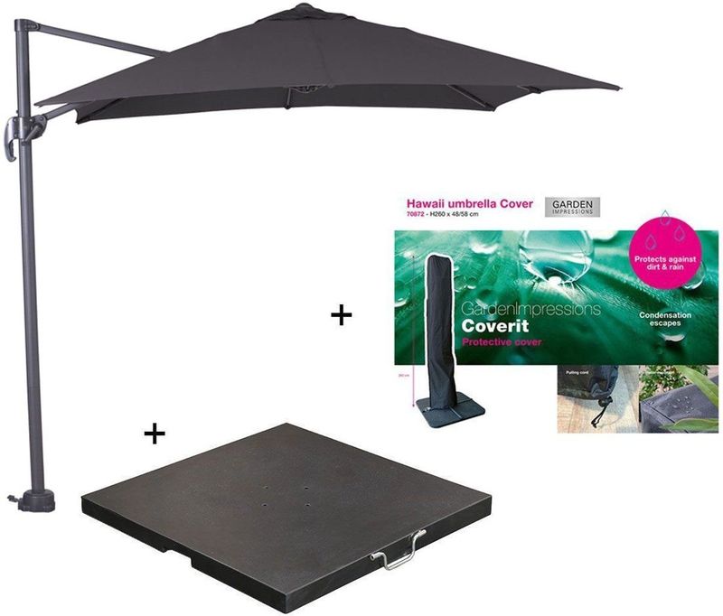 Garden Impressions - Hawaii - Zweefparasol - Donker Grijs/Zwart - Inclusief Parasolvoet en Parasolhoes