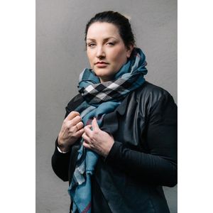 Amor Collections - Sjaal met schotse ruit - Wol - Denim/Blauw - 100x200 cm