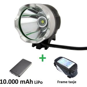 1200 lumen MTB/race LED koplamp set CREE T6 USB aansluiting - EXTREEM veel licht - 100 meter- met 10.000mAh LiPo Powerbank en handig frametasje