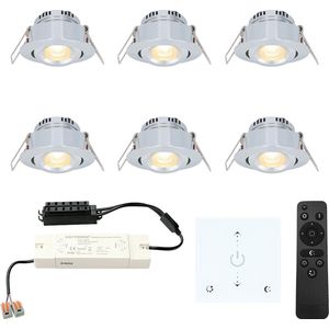 LED inbouwspot set Granada 6x3W dim-/kantelbaar IP44 vochtbestendig incl. Touch muurdimmer en afstandsbediening