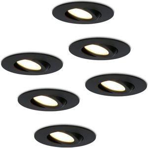 Set van 6 Napels LED inbouwspots extra plat - 8W 570lm - 2700K warm wit - Dimbaar - Rond - 360° Kantelbaar - IP65 waterdicht - Zwart