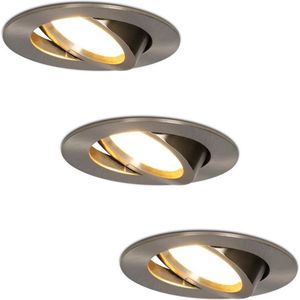 HOFTRONIC - Set van 3 Rome Badkamer inbouwspot RVS - Lage inbouwdiepte 27mm - Kantelbaar en Dimbaar - 2700K Warm wit 6W 500lm - Grote inbouwspot 83mm - voor buiten, woonkamer, slaapkamer en badkamer - IP44 waterdicht