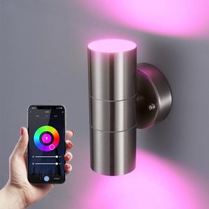 HOFTRONIC Blenda - LED Wandlamp - WiFi + Bluetooth - RGBWW 16,5 miljoen kleuren - RVS - Up and Down Light - GU10 Smart Home - Bedienbaar via Smartphone, Bedienbaar via stem - IP44 waterdicht Wandlamp Buiten, badkamer en binnen