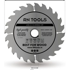 RNtools Cirkelzaagblad - Best for Wood - ⌀ 165mm - 24 tanden - Zaagbreedte 1,5 mm - Dikte blad 1,1 mm - Hout - Hardhout - Laminaat - MDF - Multiplex