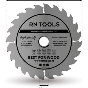 RNtools Cirkelzaagblad - Best for Wood - ⌀ 230mm - 24 tanden - Zaagbreedte 2,0 mm - Dikte blad 1,3 mm - Hout - Hardhout - Laminaat - MDF - Multiplex