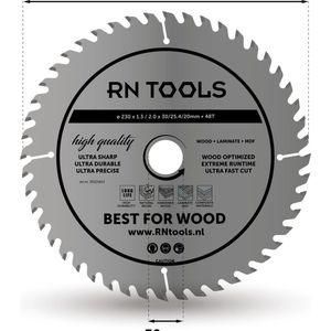 Rntools Cirkelzaagblad - Best for Wood- ⌀ 230mm - 48 tanden - zaagbreedte 2,0 mm - dikte blad 1,3 mm - Hout - Hardhout - Laminaat - MDF - Multiplex