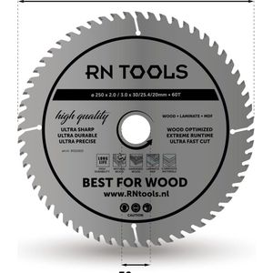 Rntools Cirkelzaagblad - Best for Wood - ⌀ 250mm - 60 tanden - zaagbreedte 3,0mm - dikte blad 2,0mm - hout - hardhout - Laminaat - MDF - mulitplex - DeWalt - Milwaukee - Festool - Metabo - Scheppach - Einhell