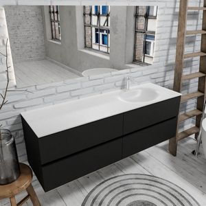 Zaro Sevilla Solid Surface badmeubel 150cm mat zwart 1 kraangat met 4 lades spoelbak rechts