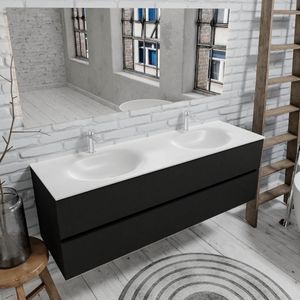 Zaro Sevilla Solid Surface badmeubel 150cm mat zwart 2 kraangaten met 2 lades dubbele spoelbak