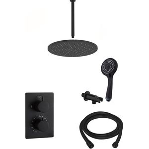 Saniclear Nero inbouw regendouche mat zwart met plafond arm, 30cm hoofddouche en 3 standen handdouche